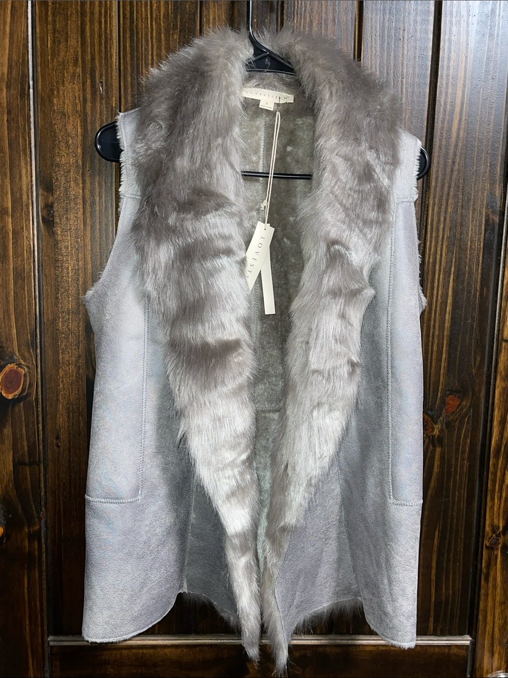 lovestitch Silver Faux-Fur Trim Suede-Look Sleeveless Vest